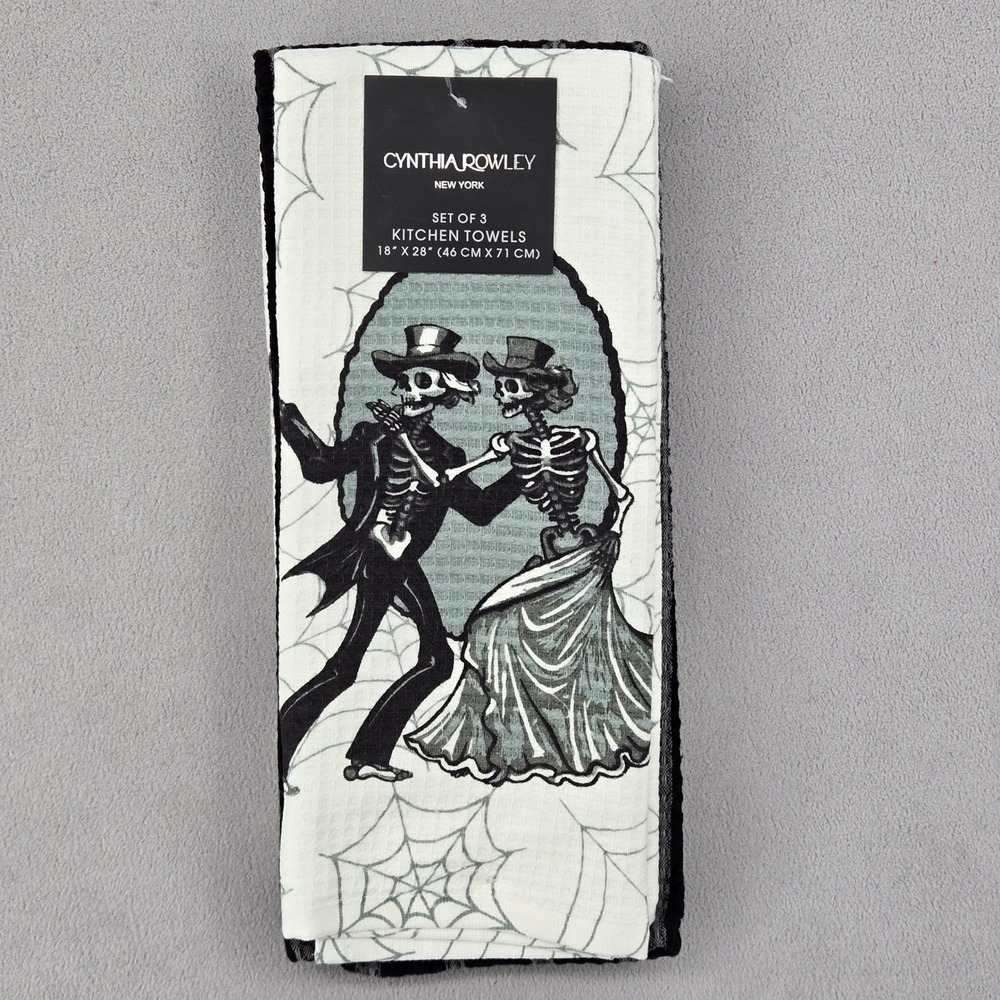 Cynthia Rowley NWT 18x28 Kitchen Towel Set 3 Skeleton Dancing Gothic Halloween
